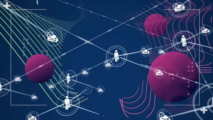 Animation of computer icons interconnecting with lines over rotating globes and wave patterns