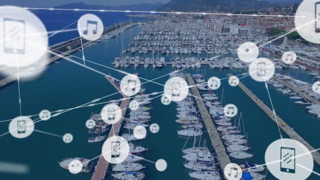 animation of network of connections with icons over marina