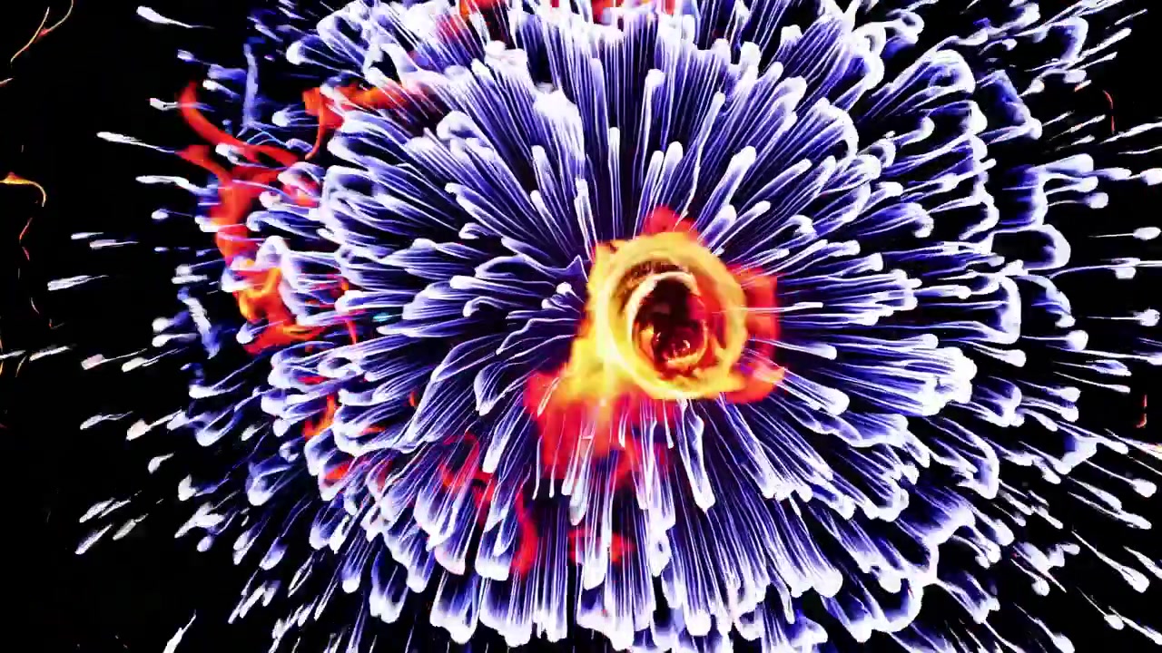 Abstract Fiery and Blue Smoke Expanding and Swirling on Black
