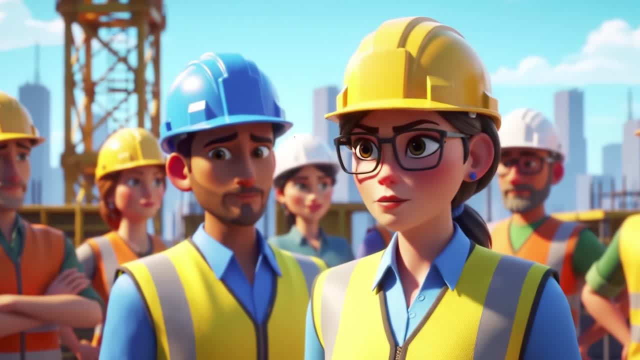 A diverse group of construction workers gathers at a bustling construction site under a clear blue sky. Team members discuss plans, showcasing their dedication and teamwork in a city setting.