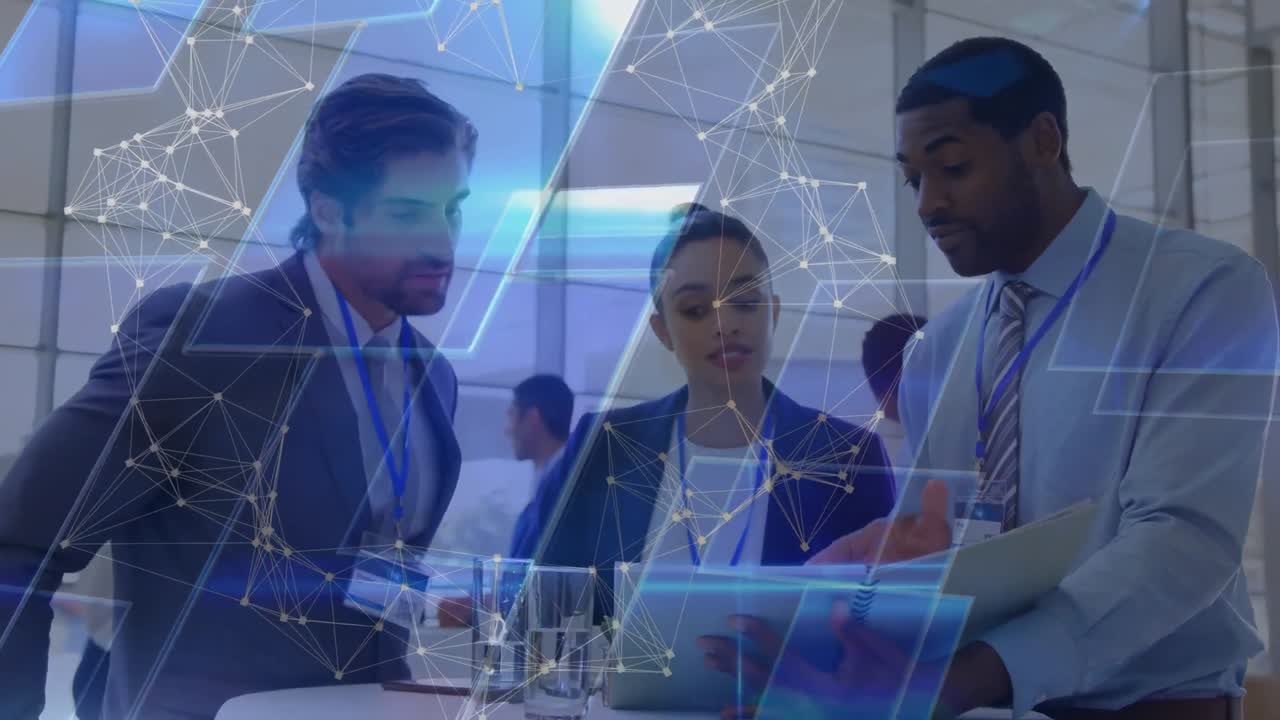 Animation of network of connections over diverse businesspeople discussing over a model at office