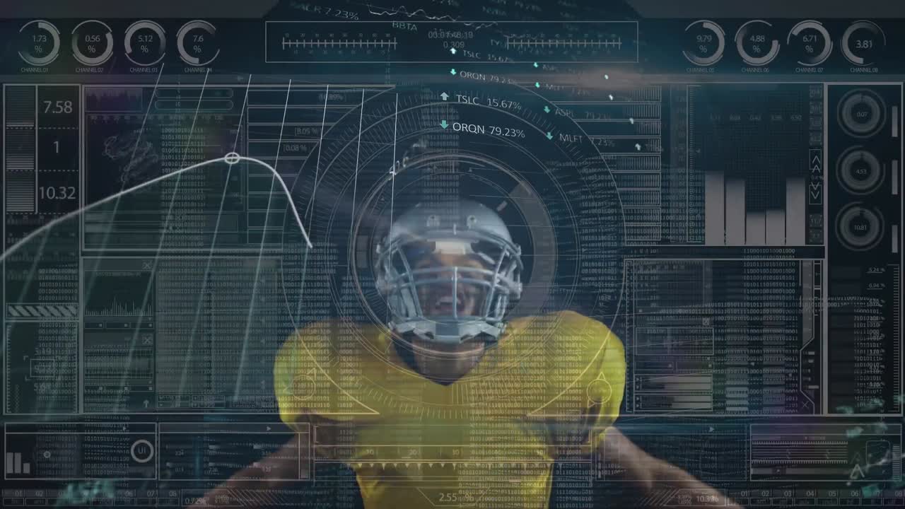 Animation of data processing over caucasian male rugby player