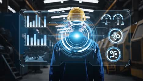 factory engineer analyzing production data on a futuristic holographic hud interface