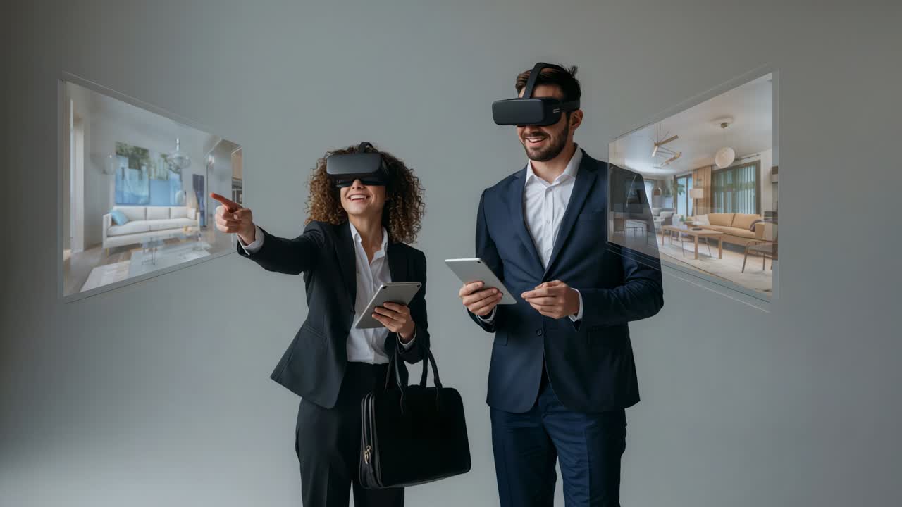 Pointing woman in suits with tablet as projections appear for demo, man observing with VR headsets