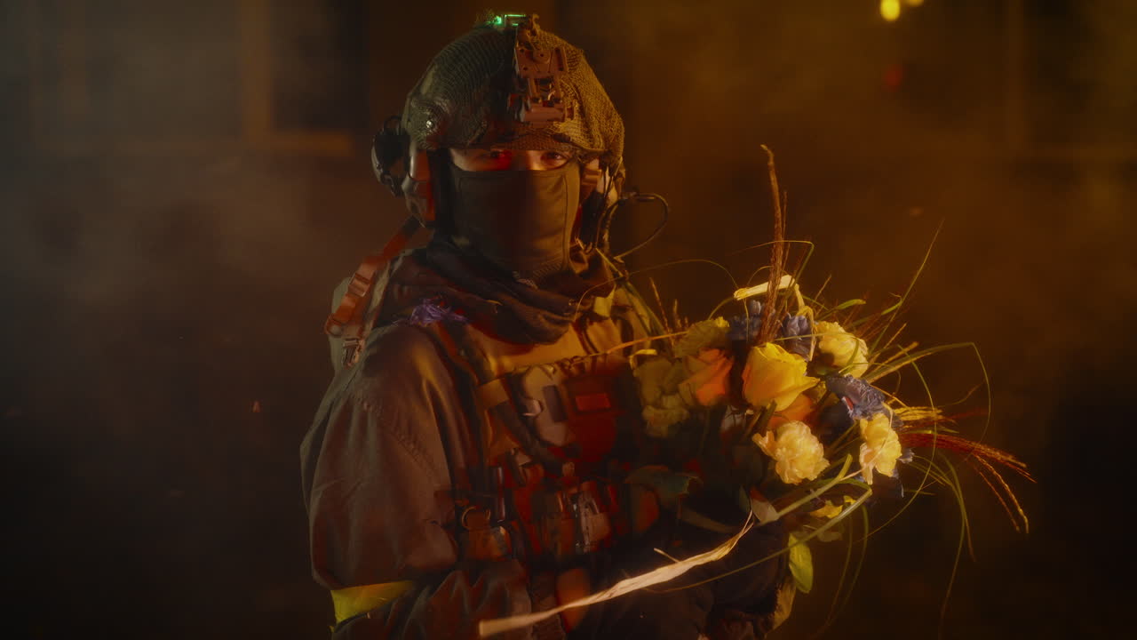 Soldier with Flowers in a War Zone
