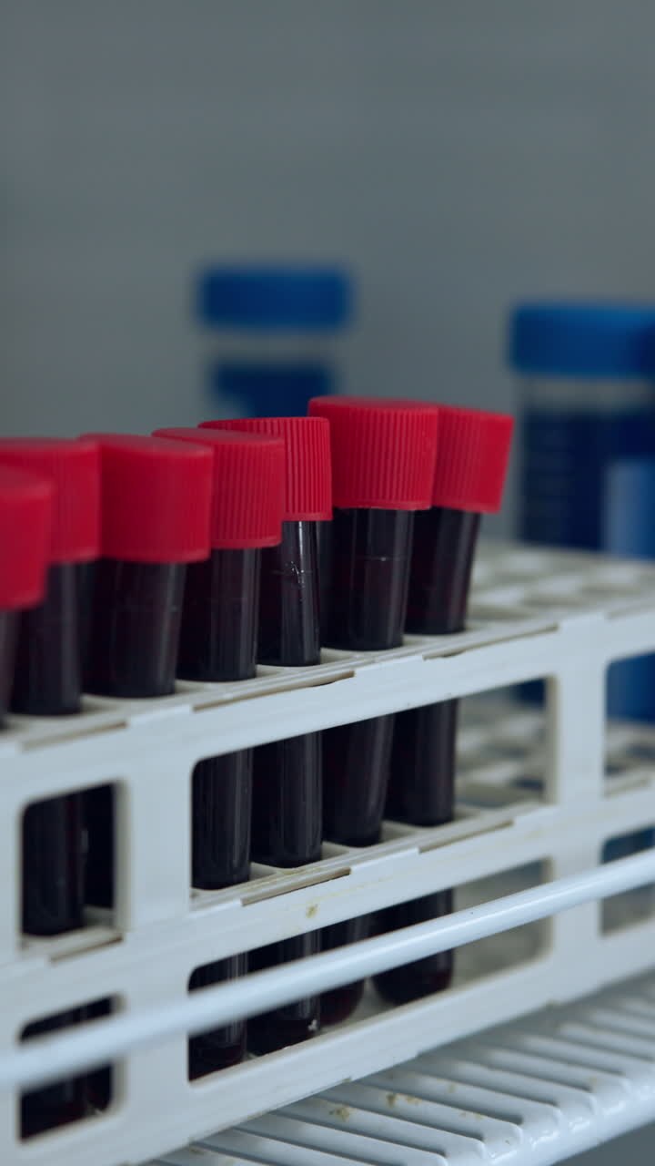 Gloved Hand Taking Blood Sample from Test Tube Rack in Lab