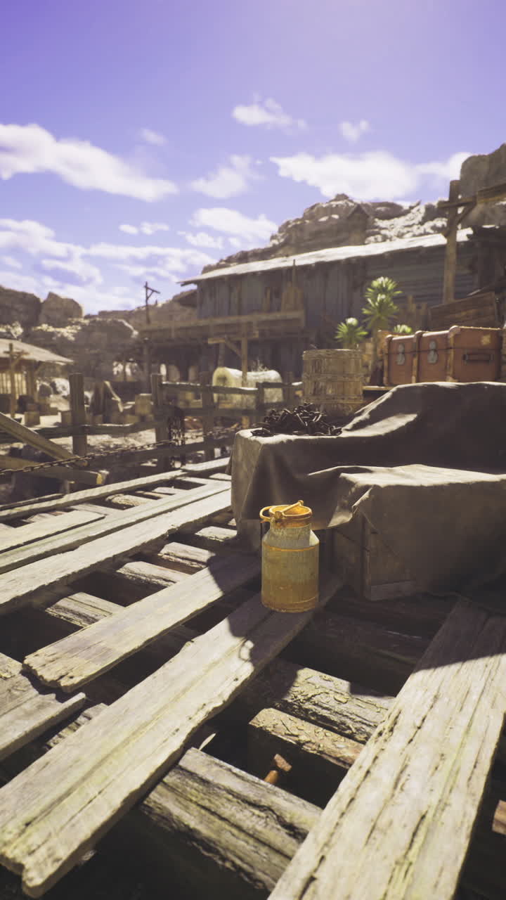 Dusty old wooden platform with a heavy covered item in rugged terrain
