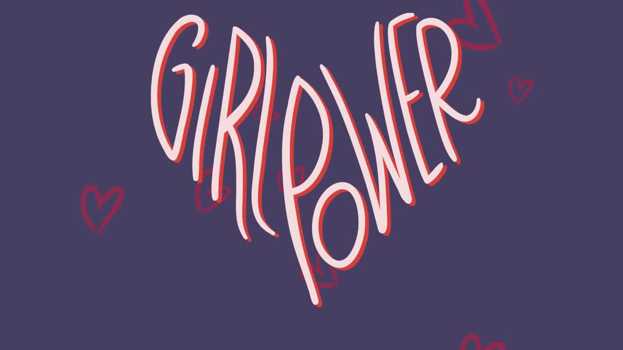 Animazione del testo 'girl power' e icone di cuori rossi che fluttuano su sfondo blu