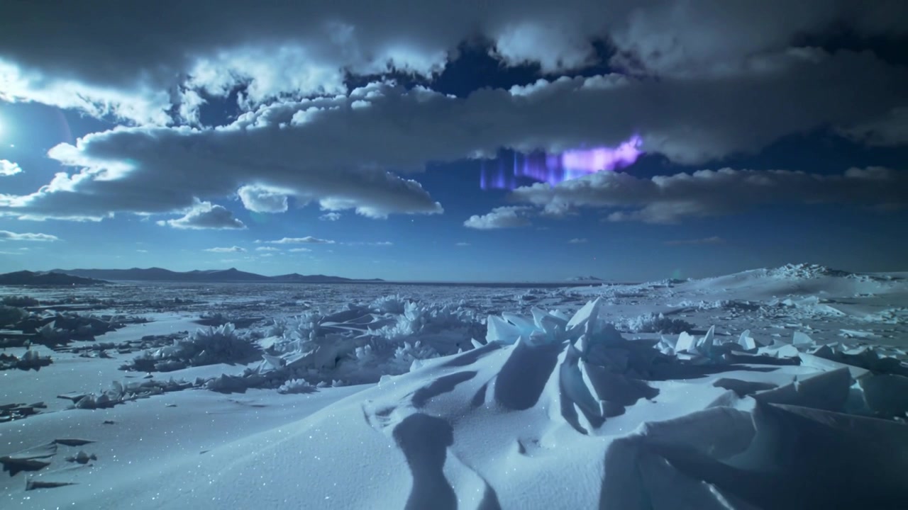 Camera panning over snowdrift on ice plain, gap in clouds showing violet aurora sun casting shadows