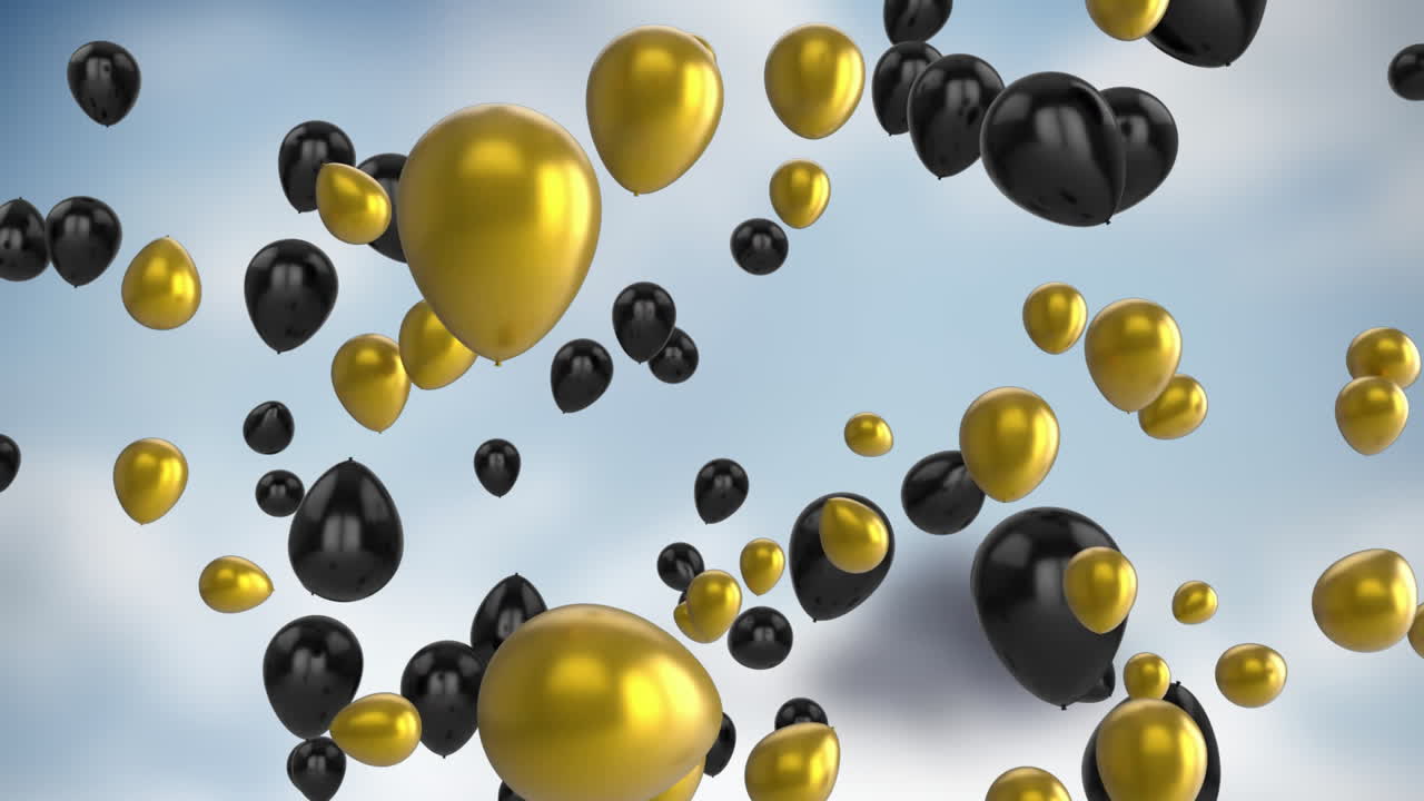 черные и золотые воздушные шары, плавающие в небе, анимация над облаками