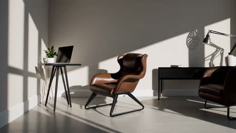 modern home office with brown leather armchair and natural sunlight