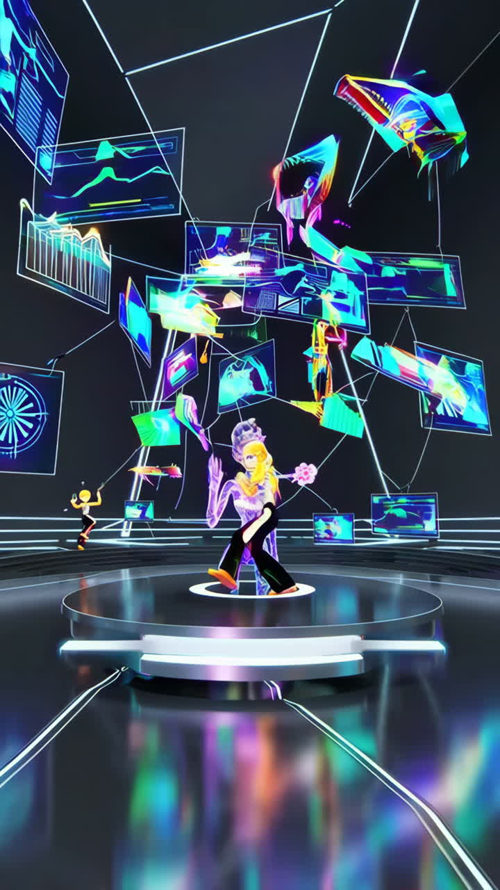 Futuristic Virtual Reality Experience with Holograms and Data Visualizations