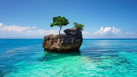 a lone tree on a rock in the middle of the ocean