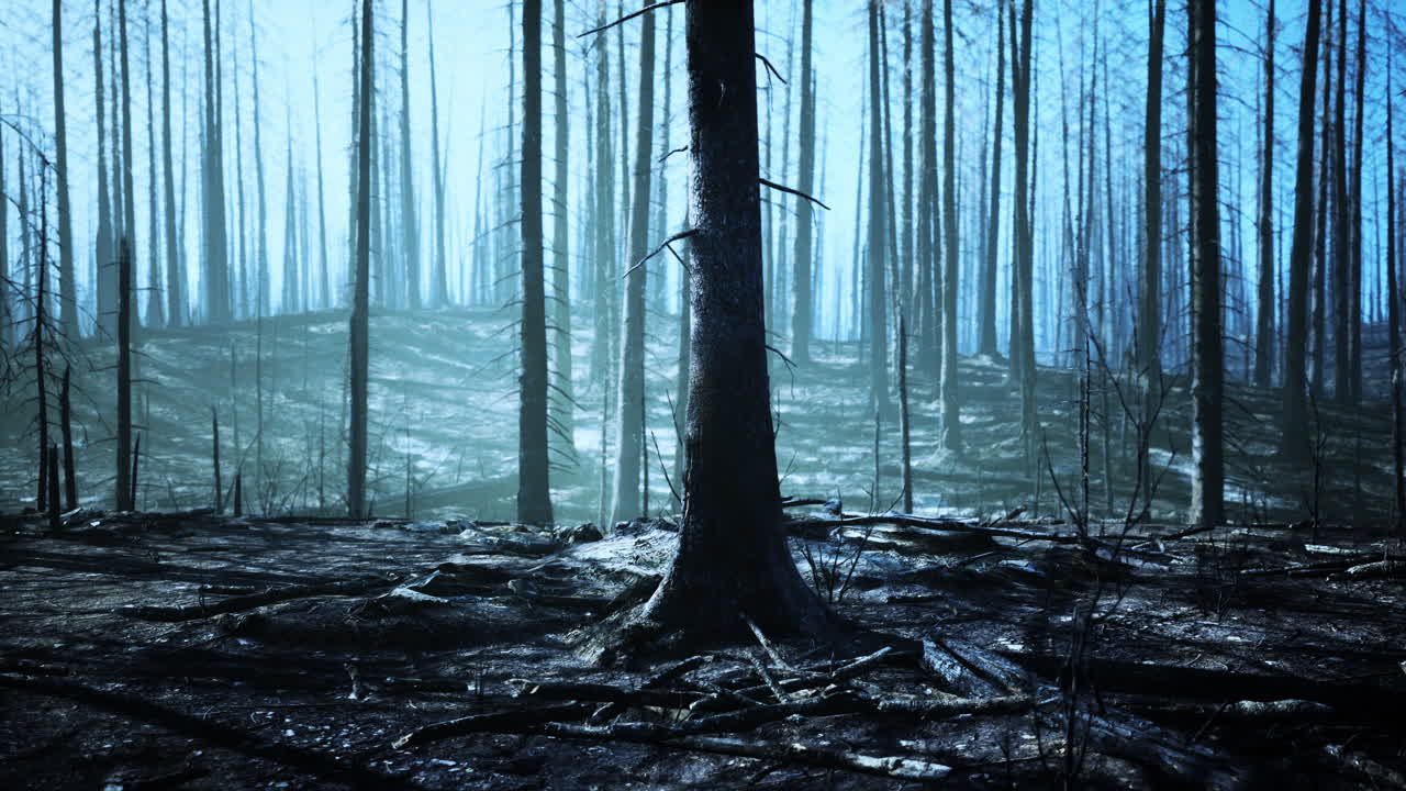 A burned forest with dead trees and a clear sky