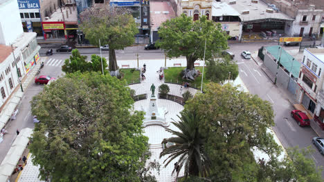 Amazing-and-beautiful-drone-shot-around-the-famous-park-"Plazuela-de-ElÃ­as-Aguirre"-in-the-city-of-Chiclayo,-Peru