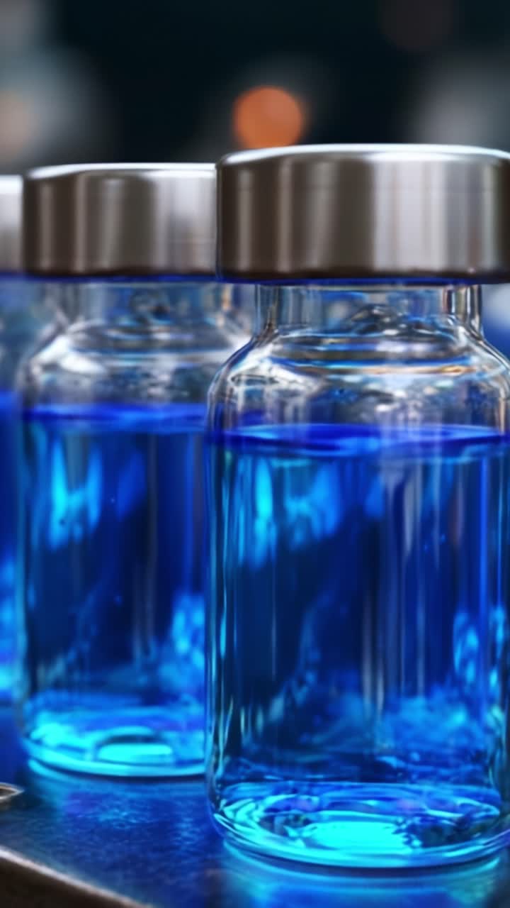 Close-up Series of Transparent Glass Bottles with Blue Liquid, Showcasing Their Design and Color Intensity Against a Softly Blurred Background