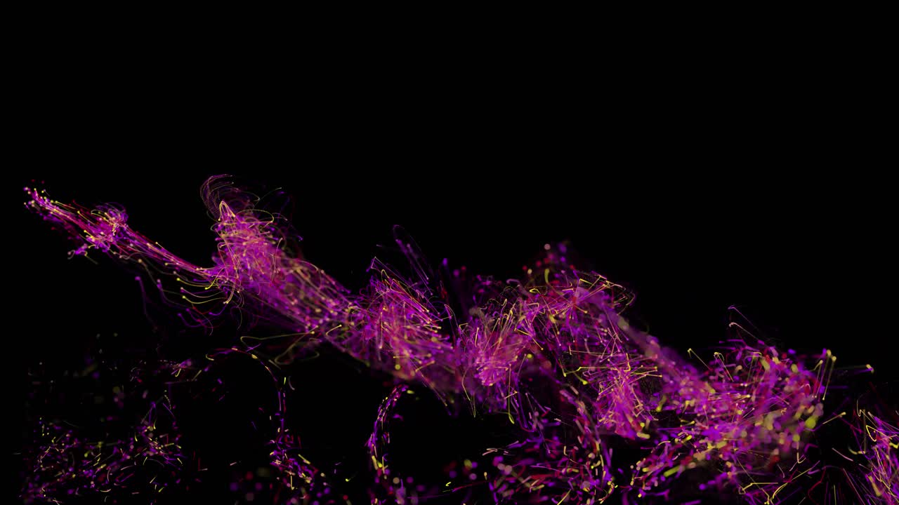 looping abstract pink and yellow sparks, lines,fibers, or strings twirling around over a black background for your copy space