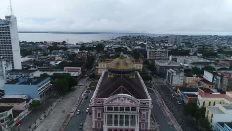 una toma de alejamiento de los detalles del techo del teatro amazónico con cielo azul nublado, teatro de ópera ubicado en manaus