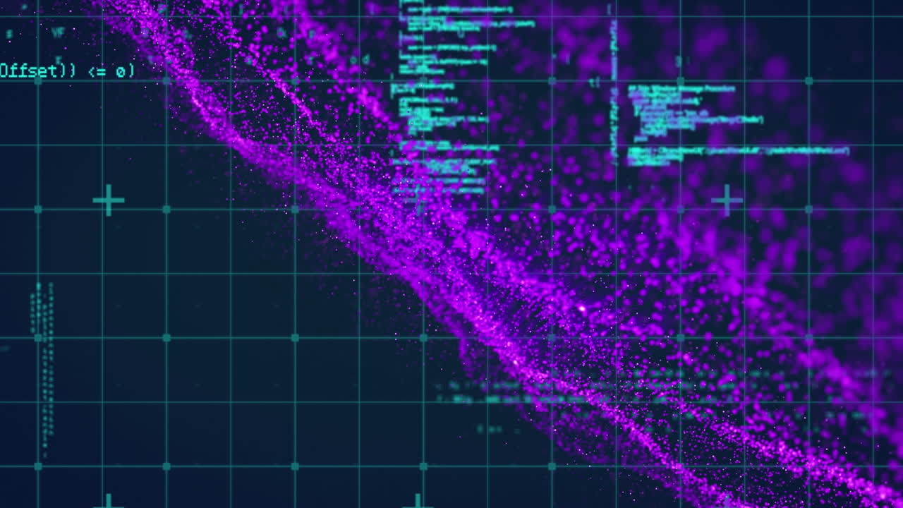 Digital animation of data processing over purple digital wave against blue background