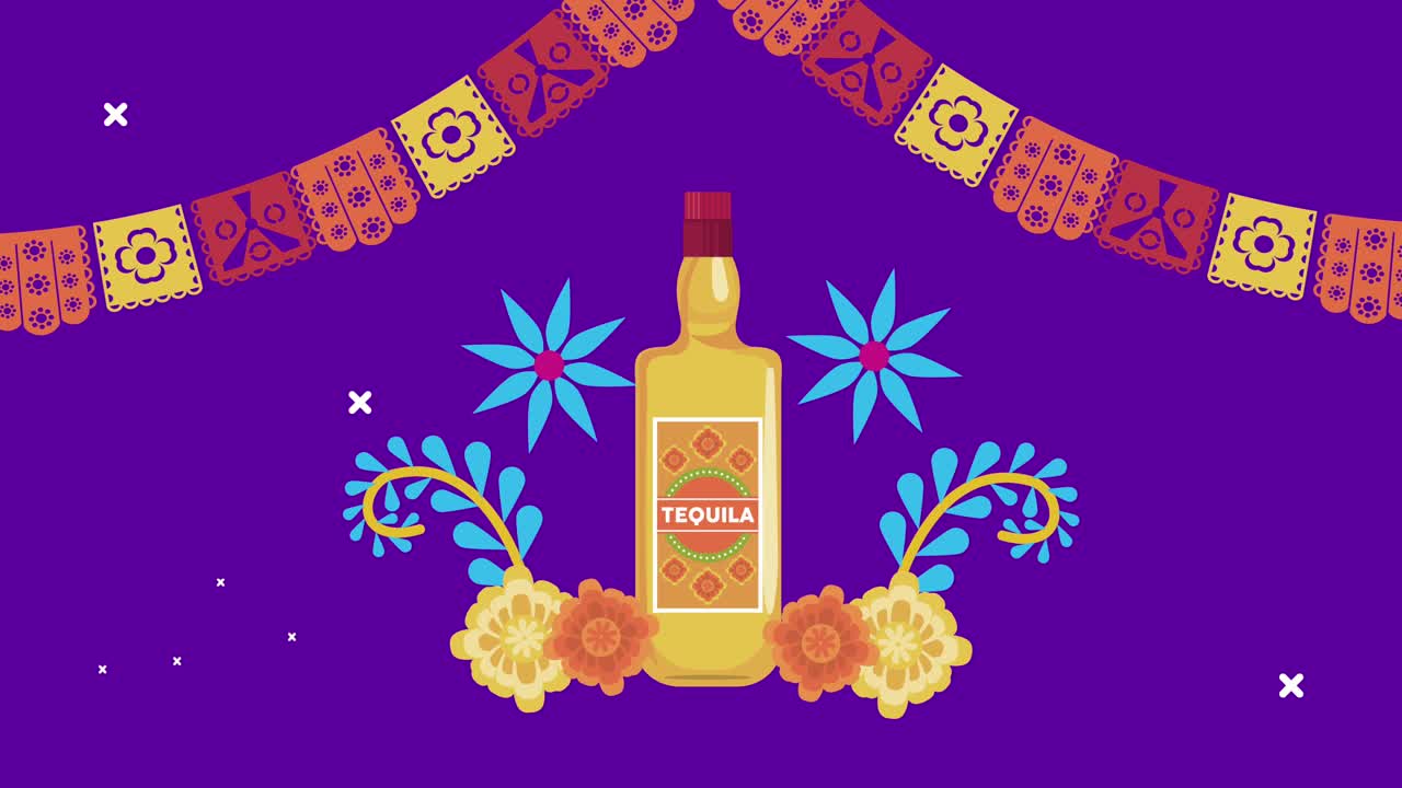 celebración del dia de los muertos con botella de tequila y flores