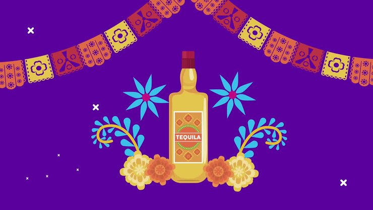 celebrazione del dia de los muertos con bottiglia di tequila e fiori