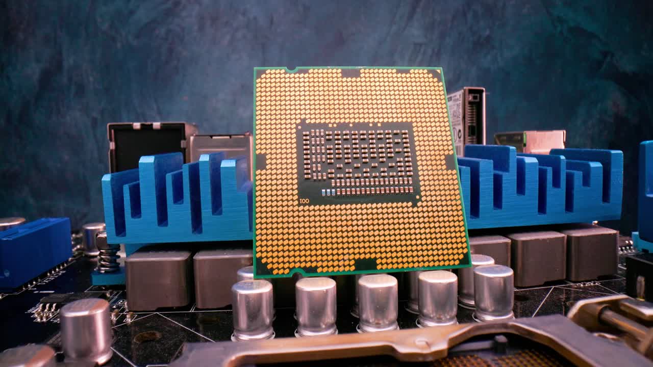 Close-up of CPU Chip Computer Central Processor. Modern computer technology concept.