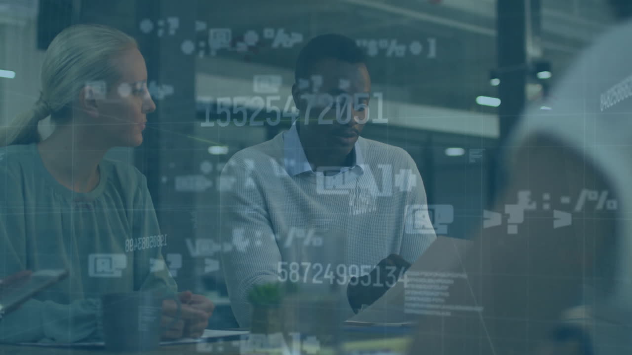 Animation of financial data processing over diverse colleagues in office