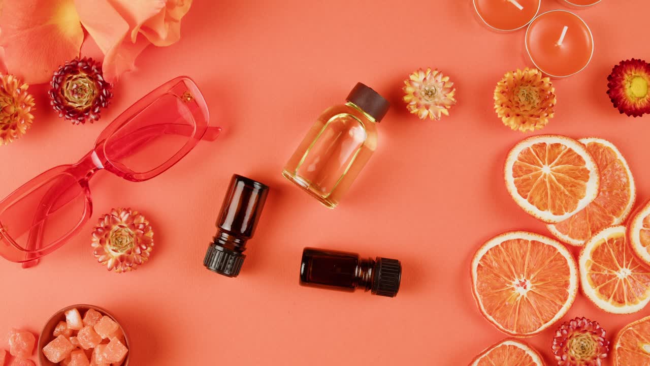 Orange Essential Oil and Beauty Products Flat Lay