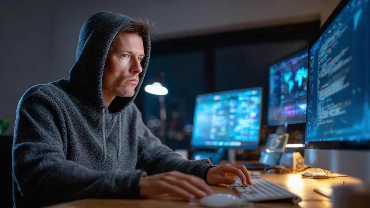 Focused Programmer in a Dimly Lit Workspace Analyzing Code on Multiple Monitors While Wearing a Hoodie, Deep in Thought During Late-Night Development Session