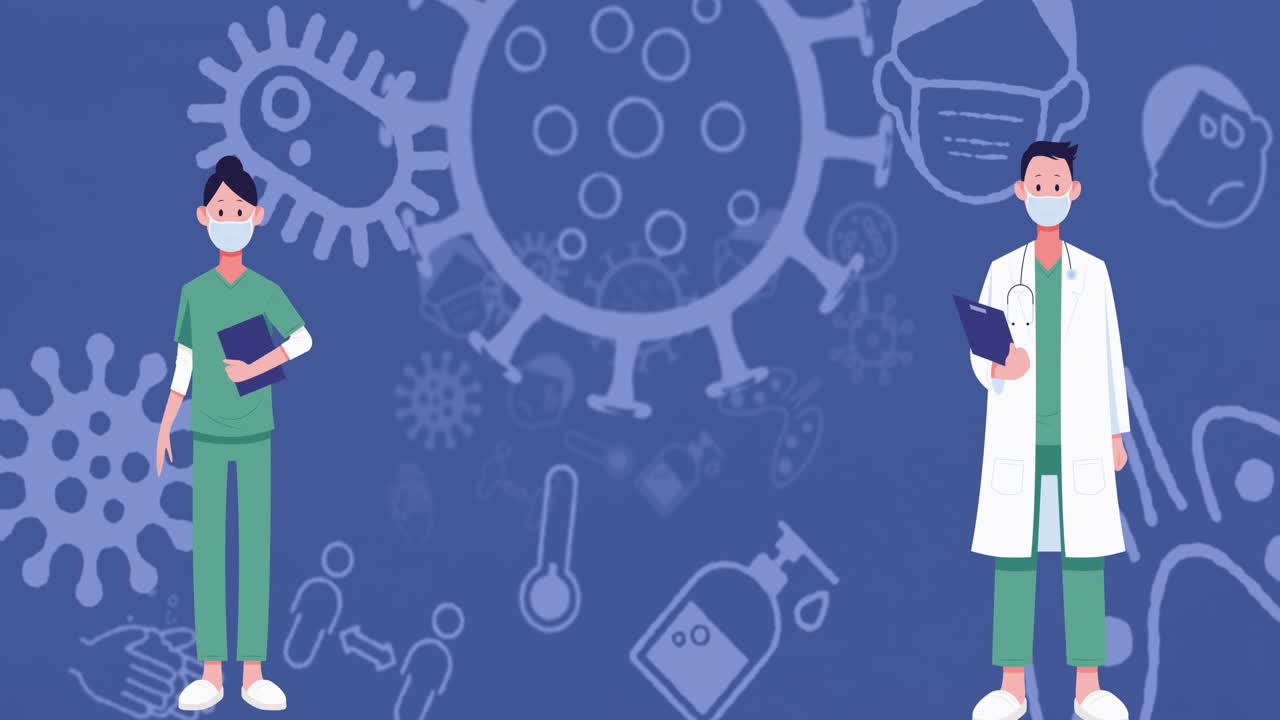 코로나19 아이콘으로 마스크를 쓰고 사회적 거리를 유지하는 의사들의 픽토그램의 애니메이션