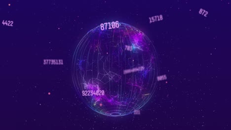Animation-of-numbers-changing-over-purple-globe-spinning