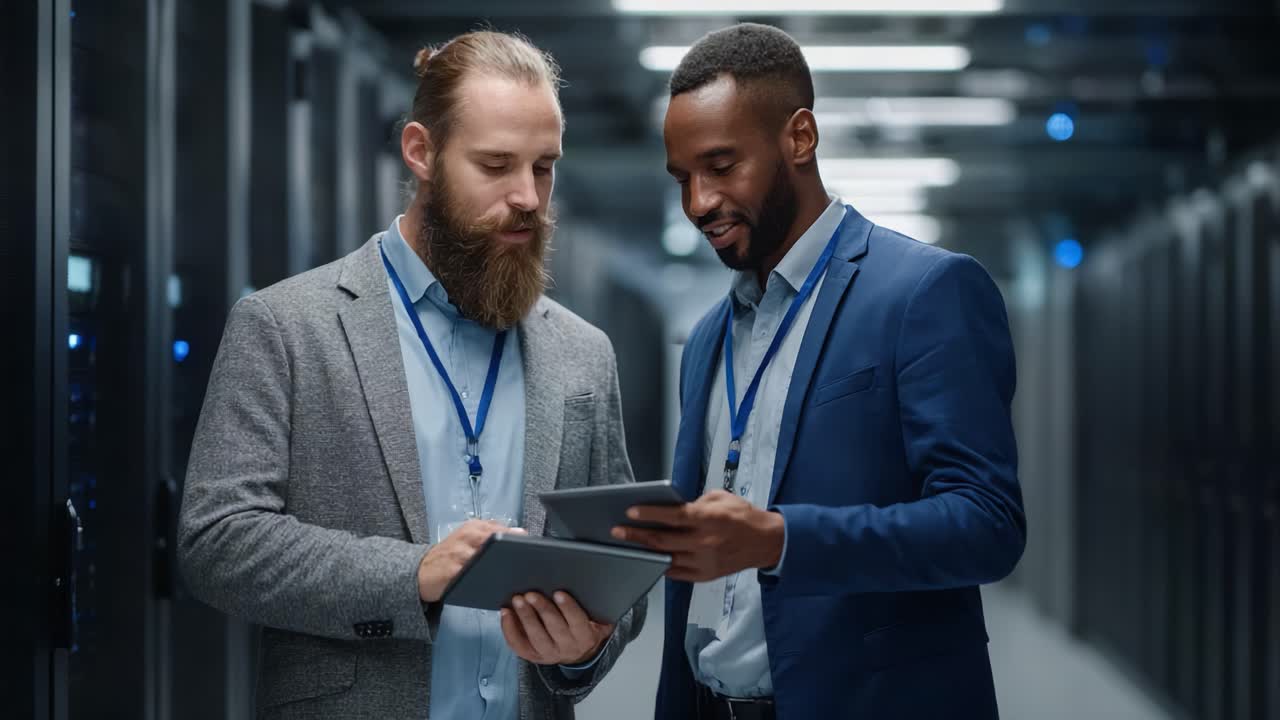 Colleagues Collaborating in a Modern Data Center: Engaged in Discussion While Analyzing Information on Tablets in a High-Tech Environment