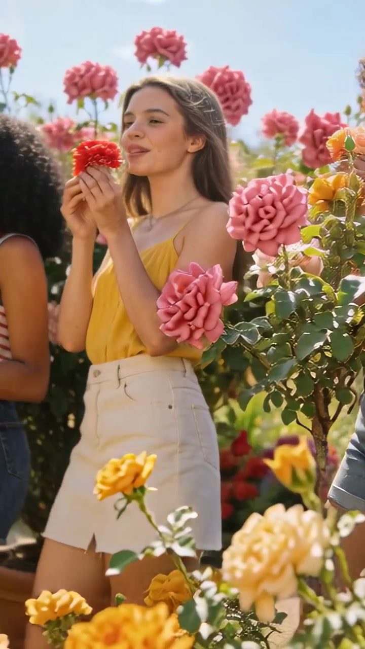 Video verticale: Tre donne camminano su un sentiero, annusando rose mentre petali generati al computer fluttuano sopra di loro per pubblicità.