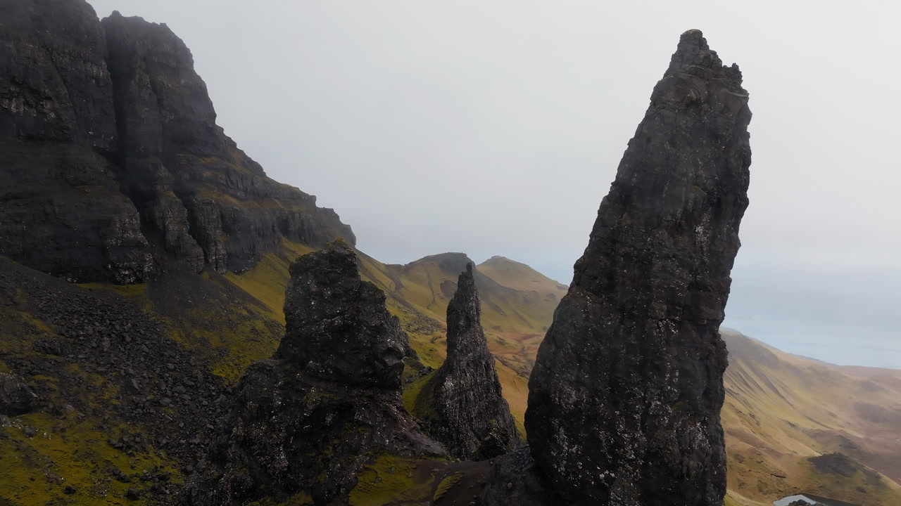 Aerial closeup of The Storr on the Isle of Skye in misty highland, Scotland