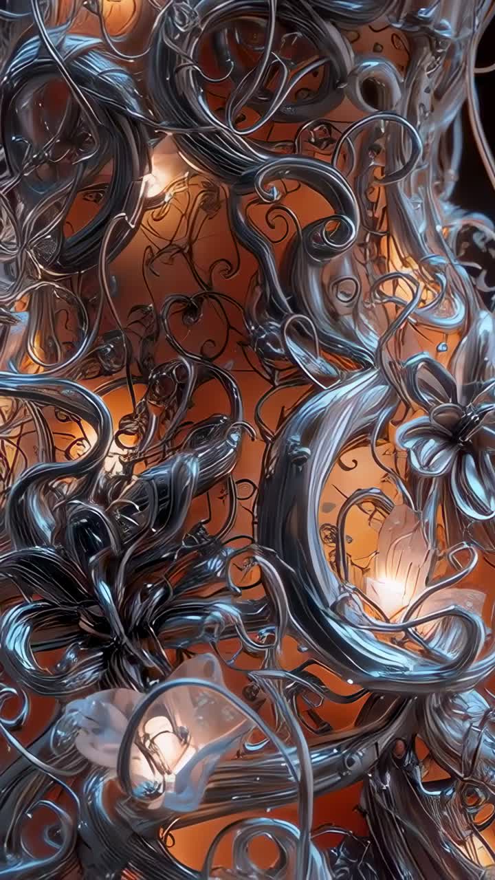 Video verticale: camera che scorre in studio su filigrana di metallo e fiori trasparenti, rivelando una calda luce