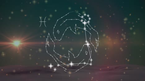 Animation-of-pisces-star-sign-on-clouds-of-smoke-in-background
