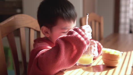 Niño-Asiático-Usando-Una-Pajilla-Inoxidable-Para-Mezclar-Jugo-De-Naranja-Natural