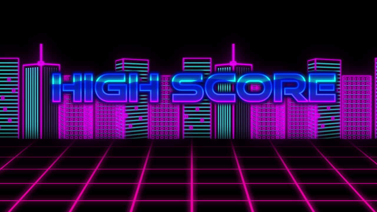 검은 바탕에 도시 풍경 위에 높은 점수 텍스트의 애니메이션