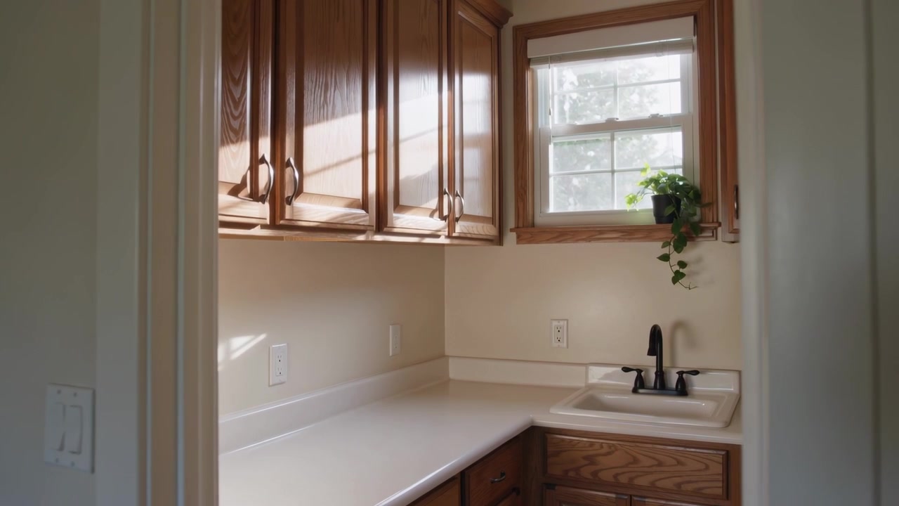 Zooming camera adjusting framing and exposure at doorway, revealing oak cabinets and corner sink