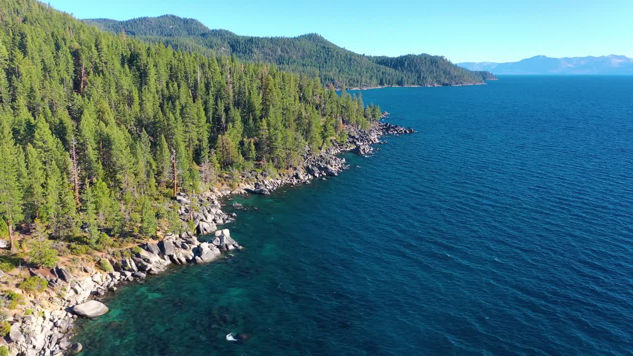 Lake Tahoe, Californien – frodig fyrreskov og krystalklart turkist vand med bjerge og stenet kystlinje – luftdroneudzoomning