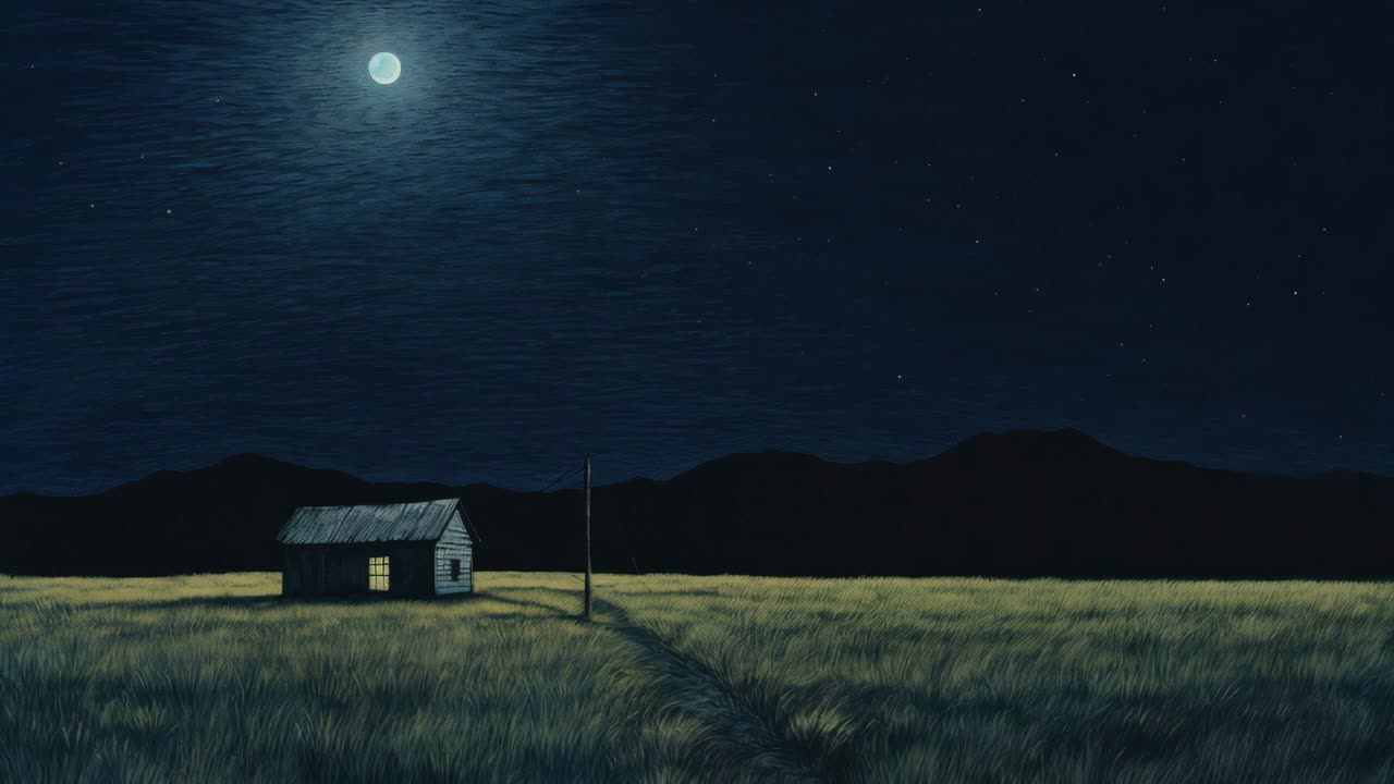 Eine ruhige Nachtszene mit einer einsamen Hütte unter Vollmond, aus Weitwinkelperspektive aufgenommen.