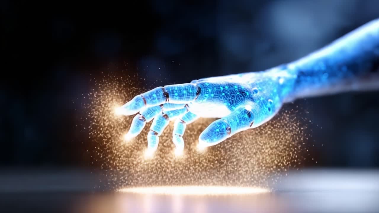 A robotic hand reaches out, surrounded by sparkling energy, exploring the depths of technology and innovation as it interacts with a glowing surface beneath