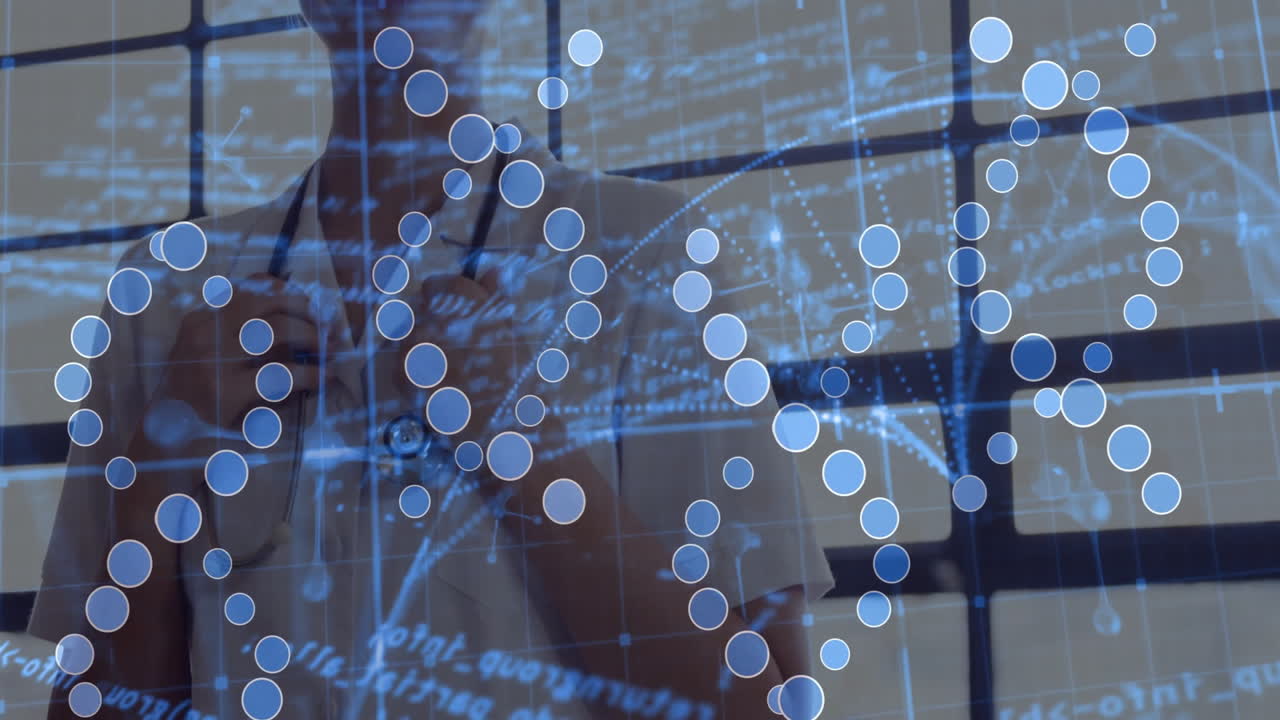 Female doctor wearing coat and stethoscope interacting with DNA graphics in health research lab
