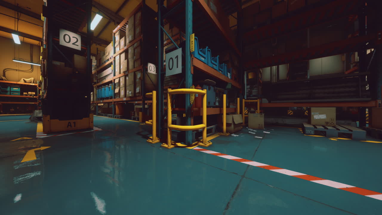 Warehouse interior showcasing organized storage and safety features
