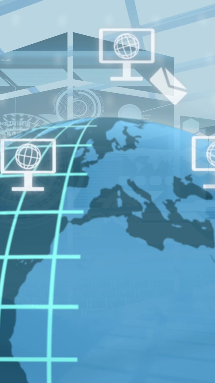Animation of globe on computer icons and data processing over globe