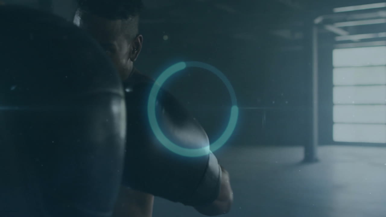 Training intensely, boxer in gym with animation and digital overlay effects
