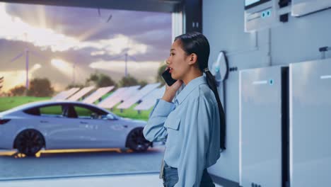 side view asian female with home energy storage system in a modern garage, she pick the phone up and started to specking to it with a slicely smile