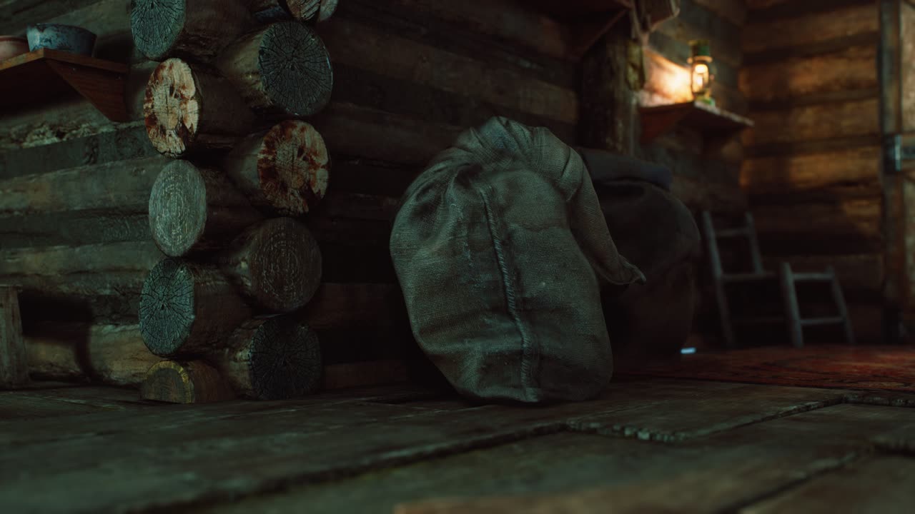 interior oscuro de una casa de troncos retro