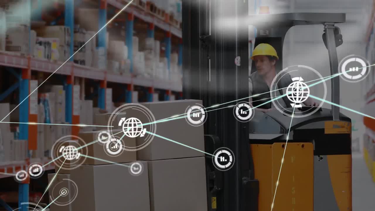 animación de la red de conexiones con iconos sobre el hombre que trabaja en el almacén