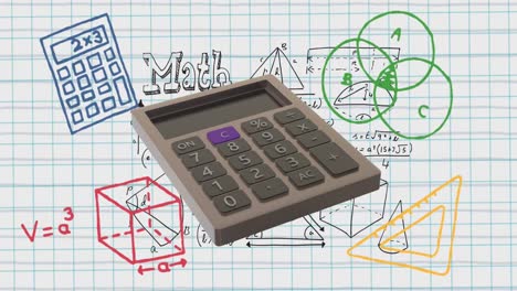 animación de la calculadora en movimiento y dibujos matemáticos sobre fondo blanco